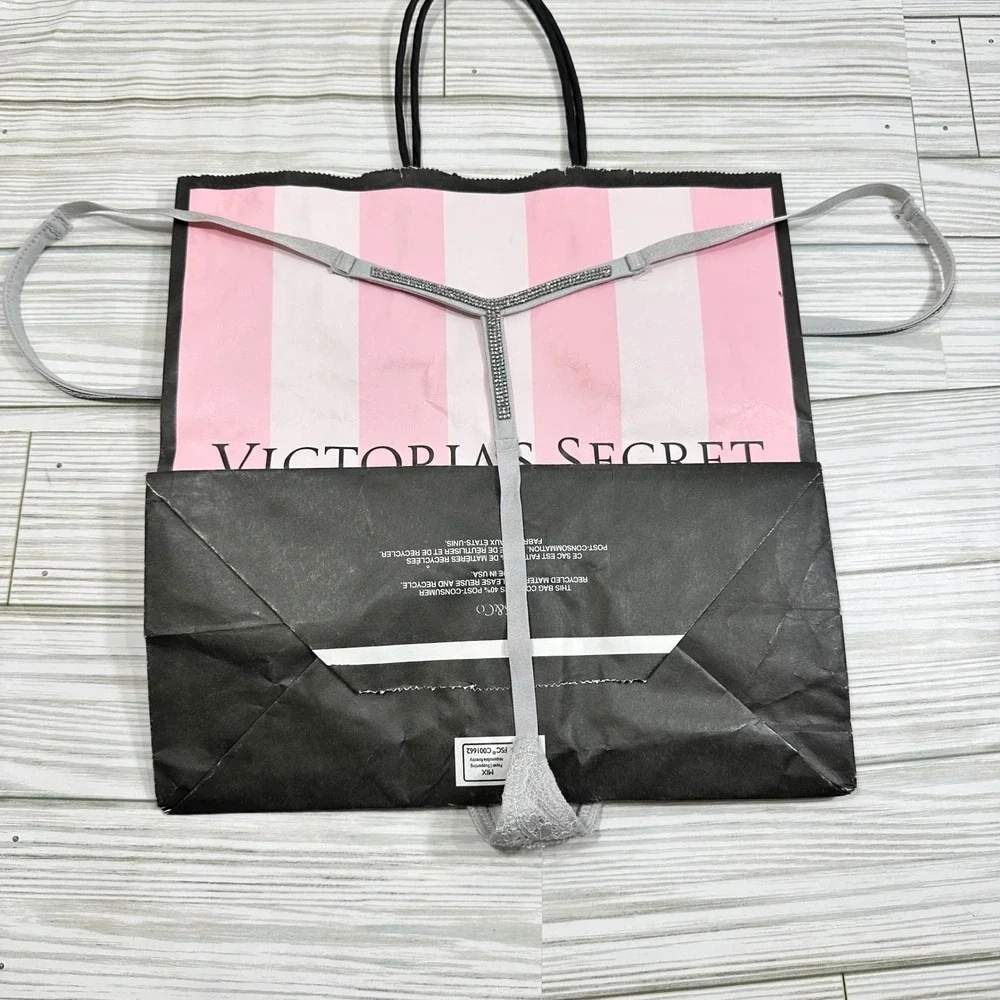 NWT Victoria's Secret Dream Angels V String Thong Gray Lace Rhinestone Detail XL